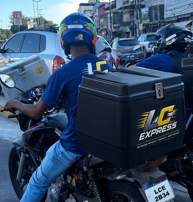 Profissional da LC Express em deslocamento na via, com o baú de carga da empresa acoplado ao veículo.